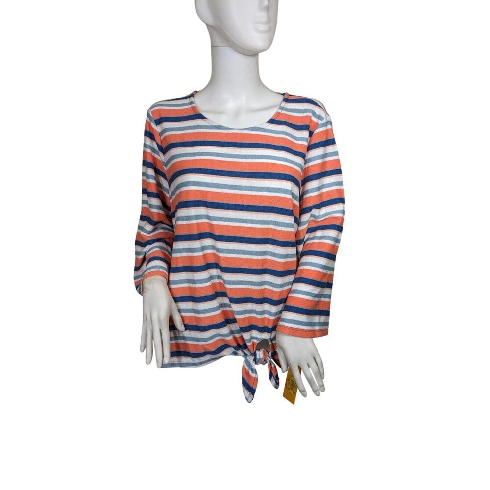 Ruby R Women Pullover Orange Blue Side Tie Knit Striped Top Blouse Sz XL (13) - Picture 1 of 13